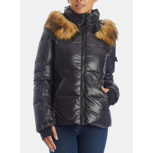 S13 Allie Faux Fur Trimmed Down Puffer Jacket Jet /Natural